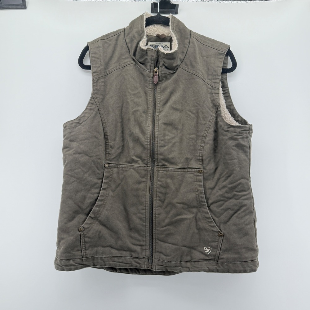 Ariat REAL Womens XL Brown Canvas Sherpa Lined Full Zip Vest 10023854